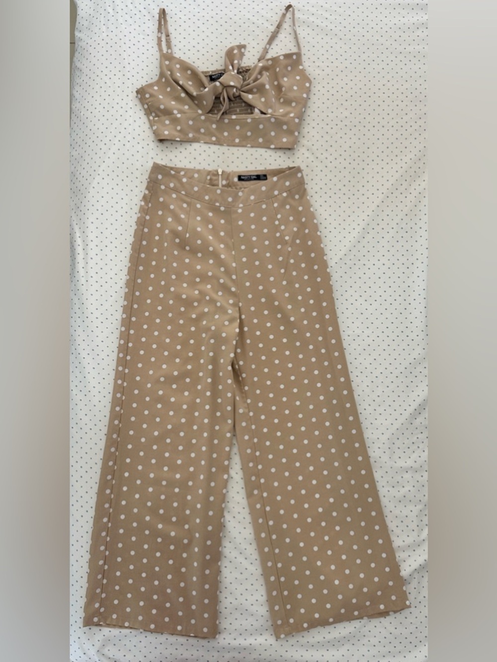 Nasty Gal Polka Dot 2 Piece Set Sand Crop Top & Wide Leg Pants Small